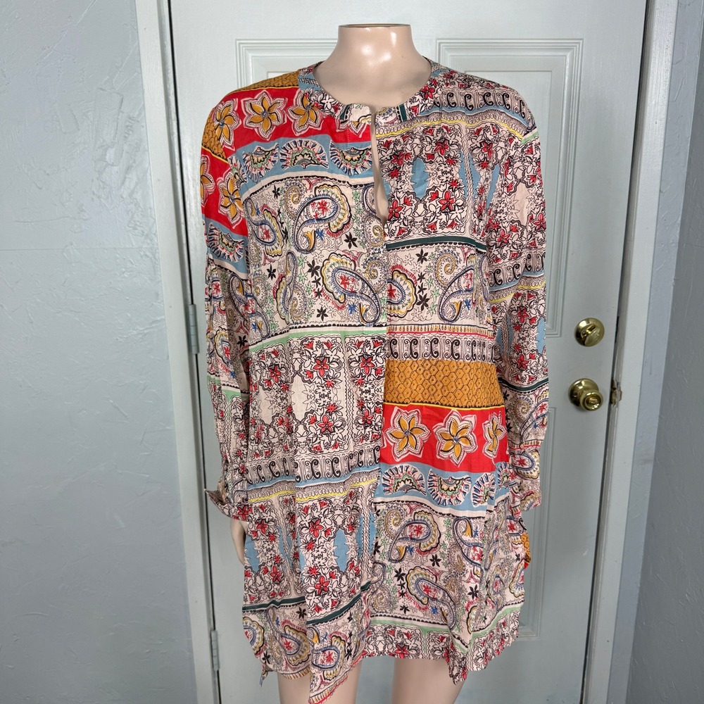 Johnny Was Women's Shirt Large Floral Button Boho Cotton Hippie W28821 H3-20